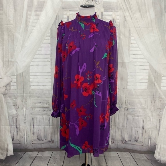Calvin Klein Purple Red Floral Long Balloon Sleeve Mock Trapeze Above Knee Dress - Picture 2 of 12